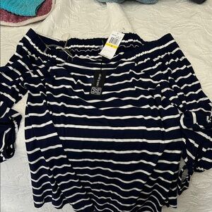 Cable & Gauge Navy and White Striped Off-Shoulder